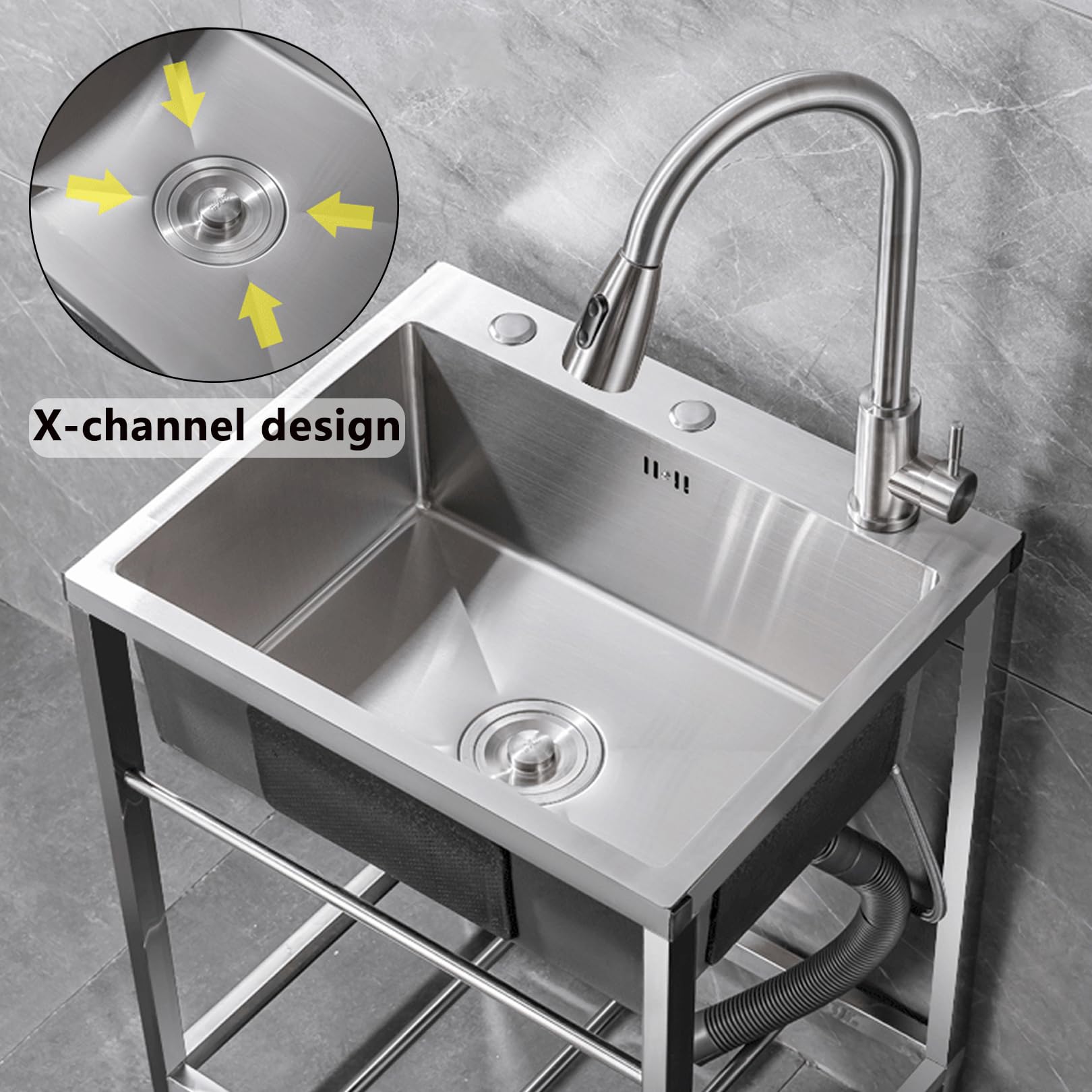フルセット ステンレスシンク 伸縮蛇口 排水栓 シルバーグレー